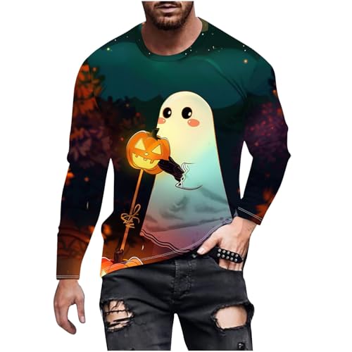 T-Shirt Herren Halloween Gedruckt Lange Ärmel Top, Sale Clearance Spooky Gedruckt Rundhals T-Shirt Tops, Lässig Mode Pullover, Weicher Und Bequemer Oberteil, Günstig Halloween Kostüm von HAOLEI