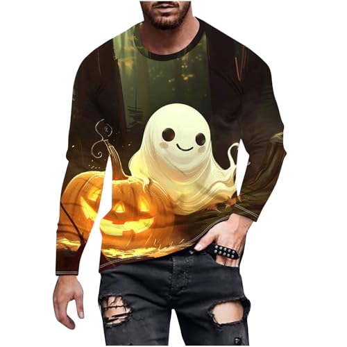 T-Shirt Herren Halloween Gedruckt Lange Ärmel Top, Sale Clearance Spooky Gedruckt Rundhals T-Shirt Tops, Lässig Mode Pullover, Weicher Und Bequemer Oberteil, Günstig Halloween Kostüm von HAOLEI