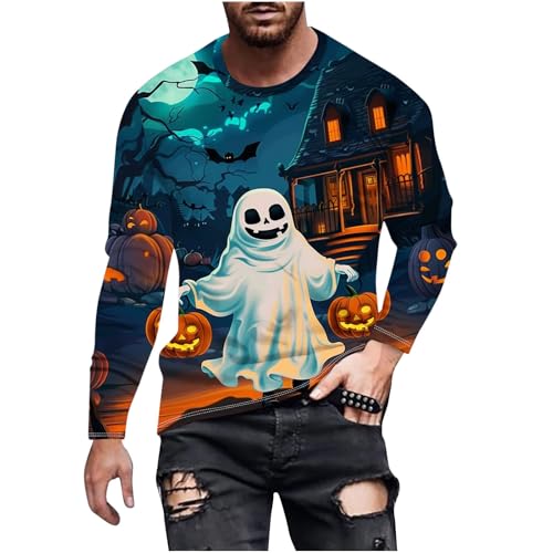 T-Shirt Herren Halloween Gedruckt Lange Ärmel Top, Sale Clearance Spooky Gedruckt Rundhals T-Shirt Tops, Lässig Mode Pullover, Weicher Und Bequemer Oberteil, Günstig Halloween Kostüm von HAOLEI