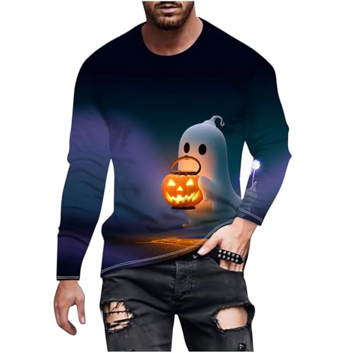 T-Shirt Herren Halloween Gedruckt Lange Ärmel Top, Sale Clearance Spooky Gedruckt Rundhals T-Shirt Tops, Lässig Mode Pullover, Weicher Und Bequemer Oberteil, Günstig Halloween Kostüm von HAOLEI