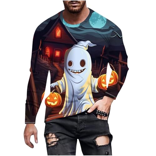 T-Shirt Herren Halloween Gedruckt Lange Ärmel Top, Sale Clearance Spooky Gedruckt Rundhals T-Shirt Tops, Lässig Mode Pullover, Weicher Und Bequemer Oberteil, Günstig Halloween Kostüm von HAOLEI