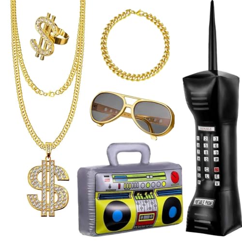 HAOYUNLAI 80er Jahre Accessoires Disco, 6 Stück Disco Accessoires 70er Gold, Aufblasbare Radio und Telefon, Hip Hop Dollar Halskette & Ring, Armbänder und Sonnenbrille für Zubehör Fasching Karneval von HAOYUNLAI