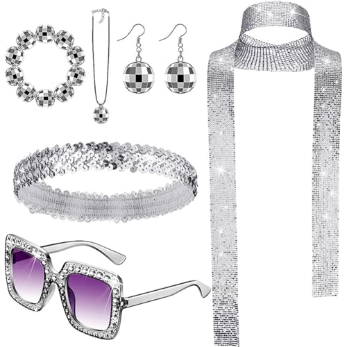 HAOYUNLAI 80er Jahre Accessoires Disco, 6 Stück Disco Accessoires 70er Silber, Disco-Kugel-Ohrringe Halskette Armband Glitzerndes Stirnband Pailletten Schal und Strass Sonnenbrille für Karneval von HAOYUNLAI