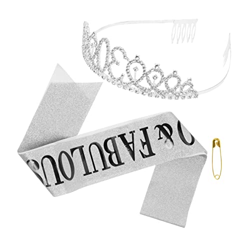 HAPINARY Geburtstagsbandkrone headband kopfband jewelon die bescherung birthday Sash Partyzubehör Schärpe der Geburtstagskönigin Partykrone Geburtstagsschärpe Weißer Satinstoff Silver von HAPINARY