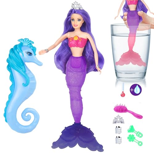 Color Change Magic Mermaid, Meerjungfrau-Puppe mit lila Haaren, Prinzessin-Meerjungfrau-Spielzeug mit Seepferdchen, Meerjungfrau-Geschenke, Spielzeug für Mädchen im Alter von 3–7 Jahren von HAPITOIZ