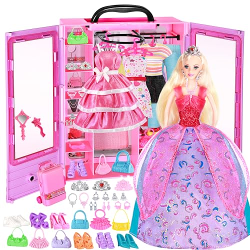 HAPITOIZ Big Size Doll Closet with 50+ PCS Doll Clothes and Fashion Accessories Set, Princess Doll Wardrobe, Dolls Closet Playset for Girls 6-12, 3 to 8 Years Old von HAPITOIZ