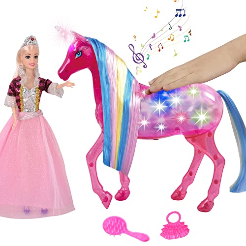 HAPITOIZ Doll Horse Playset for Girls, Dream Einhorn-Puppe & Prinzessinnen-Puppen-Spielset, großes Einhorn-Spielzeug mit realistischen Pferdegeräuschen und Regenbogenlichtern von HAPITOIZ