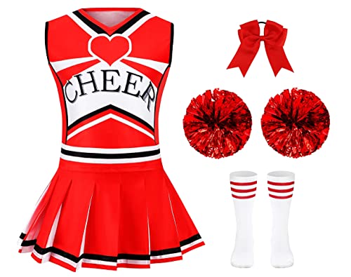 HAPNBCELE Cheerleader-Kostüm für Mädchen, Cheerleader-Uniform, niedliches Cheerleader-Outfit mit Pompons für Halloween-Party, Rot von HAPNBCELE