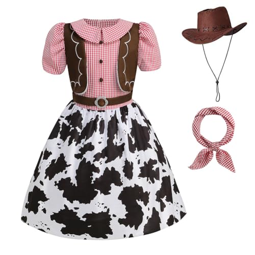 HAPNBCELE Cowgirl-Kostüm für Mädchen, Kuh-Outfit für Urlaub, Party, Verkleiden (rosa kariert) von HAPNBCELE