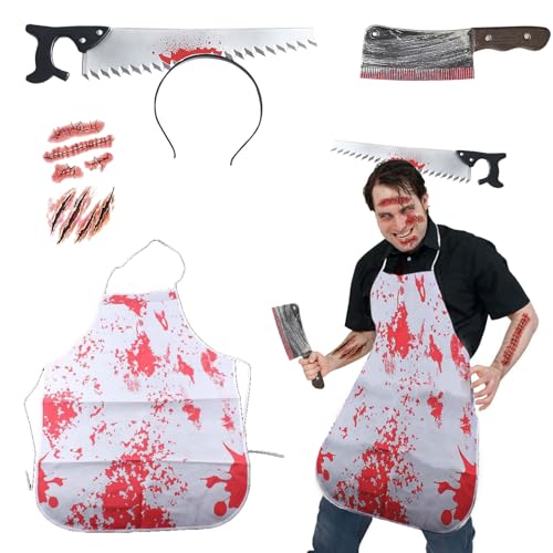 HAPPOW Halloween Kostüm Schlächter Set, Horror Kostüm, mit Metzger Schürze Hallowee, Tattoos Halloween, Halloween Fake Messer, Messer im Kopf Halloween Haarreif, für Halloween Party Cosplay von HAPPOW