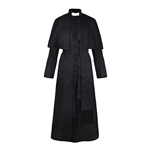 Einfarbiges Pastor-Kostüm für Herren, Halloween-Priester, mittelalterliches Retro-Cosplay-Kostüm Wollmantelherren Echt Mantel Herren von HAQUOS