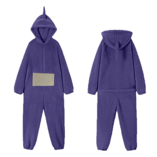 HAQUOS Teletubbies Kostüm Erwachsene Onesie Pyjama Damen Unisex Tier One-Piece Kostüm Cosplay Homewear Fleece Einteiler mit Kapuze Nachtwäsche Party Fancy Dress von HAQUOS