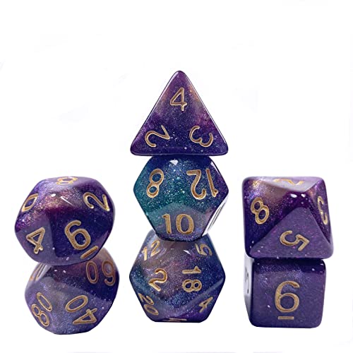 DND Würfel-Set für Dungeon und Dragons, 7 Stück, polyedrische Würfel, violett, blau, mit schwarzer Tasche von HARPIMER