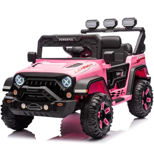 Kinder Elektroauto mit Verbesserter Akku 12V 7AH, Kinder Elektrofahrzeuge 3-Gang - 2 Betriebsmodi mit 2,4G-Fernbedienung, LED-Lichter, Bluetooth, Sicherheitsgurten für Kinder von 1-8 Jahren (Rosa) von HAUSPROFI