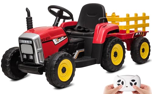 HAUSPROFI 12V Kinder Elektroauto mit 2 Fahrmodi, Fernbedienung, 3 Geschwindigkeitsstufen, Soft-Start, Elektrotraktor mit Anhänger, LED-Lichtern, Bluetooth, USB Musik, ideal für Kinder ab 3 Jahren, Rot von HAUSPROFI