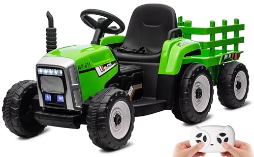 HAUSPROFI 12V Kinder Elektroauto mit 2 Fahrmodi, Fernbedienung, 3 Geschwindigkeitsstufen,Soft-Start, Elektrotraktor mit Anhänger, LED-Lichtern, Bluetooth, USB Musik, ideal für Kinder ab 3 Jahren, Grün von HAUSPROFI