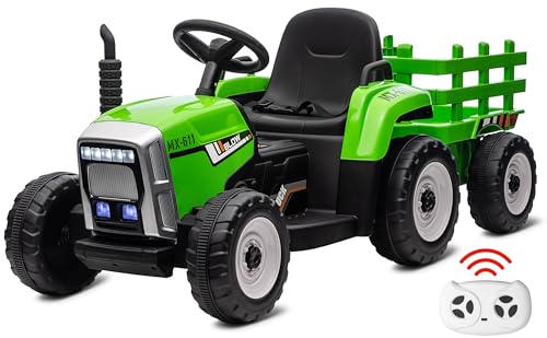 HAUSPROFI Elektrischer Traktor für Kinder mit abnehmbarem Anhänger, Doppelmotor, 12V 3-Gang Traktor mit Fernbedienung, Kinder Aufsitztraktor mit 7 LEDs Lichtern, Musik, Hupe & USB Funktionen, geeignet von HAUSPROFI