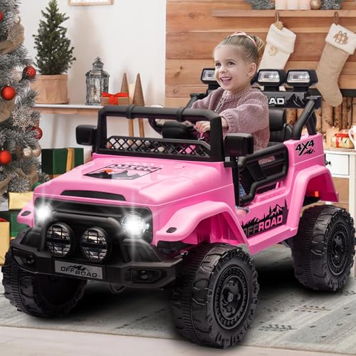 HAUSPROFI Kinder Elektroauto 12V, Elektroauto für Kinder mit 2,4G Fernbedienung, LED, Bluetooth, Musik, 3-5 km/h, Kinderauto Elektrisch 2 Sitzer, Elektro Kinderauto für Alter 3 bis 8, Rosa von HAUSPROFI