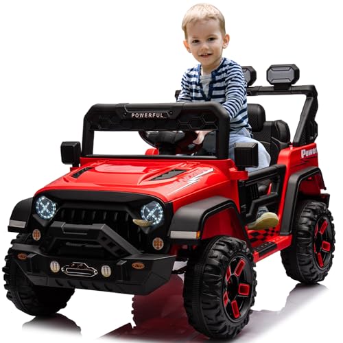 Kinder Elektroauto mit Verbesserter Akku 12V 7AH, Elektrofahrzeuge 3-Gang - 2 Betriebsmodi mit 2,4G-Fernbedienung, LED-Lichter, Bluetooth, Sicherheitsgurten für Kinder von 1-8 Jahren (Rot) von HAUSPROFI