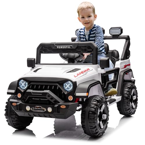 Kinder Elektroauto mit Verbesserter Akku 12V 7AH, Elektrofahrzeuge 3-Gang - 2 Betriebsmodi mit 2,4G-Fernbedienung, LED-Lichter, Bluetooth, Sicherheitsgurten für Kinder von 1-8 Jahren (Weiß) von HAUSPROFI