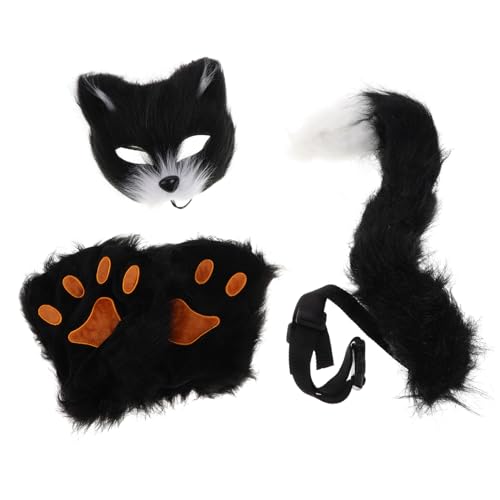 HAWILLOSCH Halloween-maske Cosplay-tierkostüm Kostüm Maske Maskerade-maske Grauer Wolfsschwanz Wolf Kostümzubehör Katzenmaske Halbgesichtsmaske Katze Pelzig Pelziges Katzenkostüm Kunstpelz von HAWILLOSCH