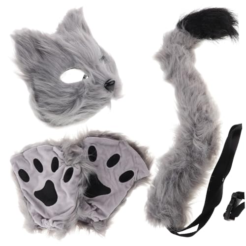 HAWILLOSCH Halloween-maske Frackkostüm Grauer Wolfsschwanz Fuchsmaske Wolfspfoten Schwarze Katze Kostüm Cosplay Fuchs-cosplay-kostüm Stofftiermaske Wolf Kostümzubehör Masken Kunstpelz Grey von HAWILLOSCH