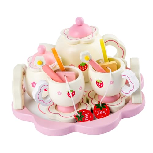 HAWILLOSCH Holz Teeservice Kinder Spielzeug Set Rosa Teegeschirr Mit Zubehör Simulation Teeparty Für Mädchen Teeset Für Kinderküche Rollenspiel Kinderspielzeug von HAWILLOSCH