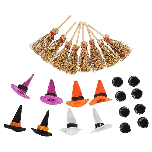 HAWILLOSCH Halloween Hexenhut Dekorationen Miniatur Hexenhüte Besen und Kessel 24-teiliges Puppenhaus Set von HAWILLOSCH