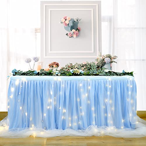 HBBMAGIC Blau Tüll Tischrock Mit Licht, Single Langer Tüll Tischrock für Hochzeitsfeier Babyparty Brial Shower Taufe, 183cm×76cm, Ohne Licht von HBBMAGIC