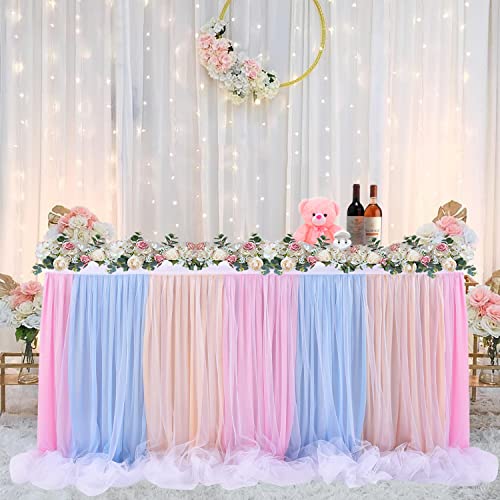 HBBMAGIC Regenbogen Tüll Tischrock, Single Langer Tüll Tischrock für Hochzeitsfeier Babyparty Brial Shower Taufe, 183cm×76cm, Ohne Licht von HBBMAGIC