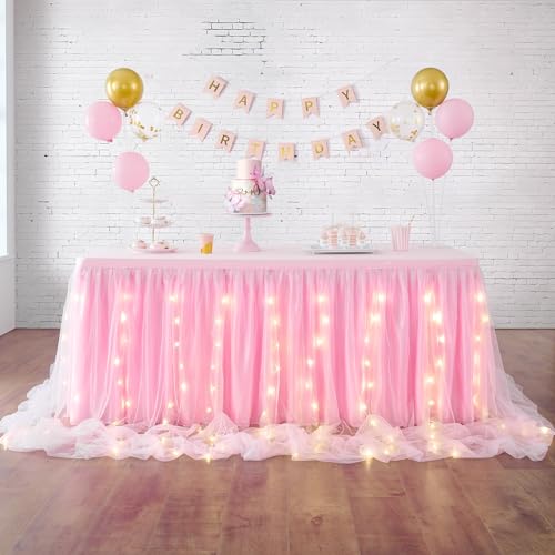 1.83m Rosa Tüll Tischrock für Rechteck oder runde Tische, rosa Tutu Tischrock mit LED-Licht, rosa Rüschen Tischrock für Prinzessin Baby Dusche Mädchen Geburtstagsparty Kuchen Dessert Tisch Dekor von HBBMAGIC