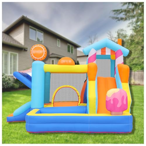 HBDSMLPL Hüpfburg Outdoor mit Gebläse, Trampolin, Rutsche, Schwimmbecken, Kletterwand, Hüpfburg XXL für Kinder von 3-10 Jahren, 340x320x240 cm von HBDSMLPL