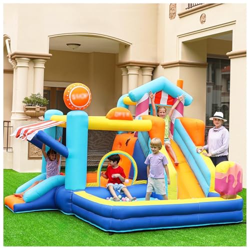 HBDSMLPL Hüpfburg Outdoor mit Gebläse, Trampolin, Rutsche, Schwimmbecken, Kletterwand, Kleine Hüpfburg Outdoor für Kinder von 3-10 Jahren, 340x320x240 cm von HBDSMLPL