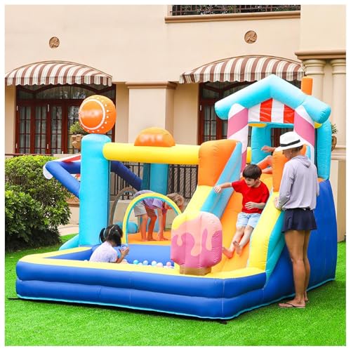 HBDSMLPL Hüpfburg mit Gebläse, Trampolin, Rutsche, Schwimmbecken, Kletterwand, Hüpfburg Outdoor Mit Gebläse für Kinder von 3-10 Jahren, 340x320x240 cm von HBDSMLPL