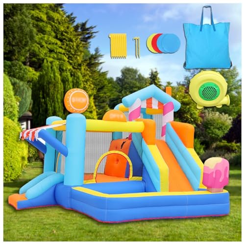 HBDSMLPL Hüpfburg mit Gebläse, Trampolin, Rutsche, Schwimmbecken, Kletterwand, Hüpfburg Wasserrutsche für Kinder von 3-10 Jahren, 340x320x240 cm von HBDSMLPL