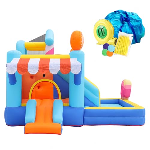 HBDSMLPL Hüpfburg mit Wasserrutsche mit Gebläse, Trampolin, Rutsche, Schwimmbecken, Kletterwand, Aufblasbare Wasserrutschen für Kinder von 3-10 Jahren, 340x320x240 cm von HBDSMLPL