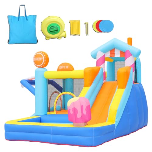 HBDSMLPL Hüpfburg mit Wasserrutsche mit Gebläse, Trampolin, Rutsche, Schwimmbecken, Kletterwand, Hüpfburg Mit Wasser for Indoor Outdoor, 340x320x240 cm von HBDSMLPL