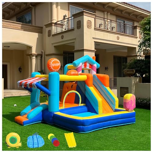 HBDSMLPL Hüpfburg mit Wasserrutsche mit Gebläse, Trampolin, Rutsche, Schwimmbecken, Kletterwand, Water Slide Bounce House für Kinder von 3-10 Jahren, 340x320x240 cm von HBDSMLPL