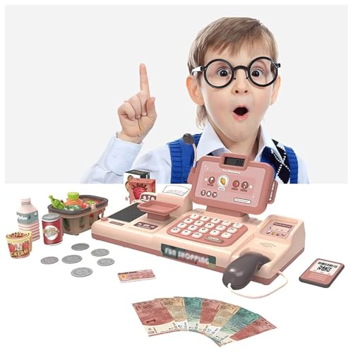 Kaufladen Kasse 25 Pcs mit Echtem Taschenrechner , Spielzeug Kasse mit Soundscanner/Essen/Spielgeld für Mädchen Jungen ,Pink von HBDSMLPL