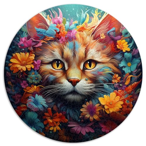 1000-teiliges Puzzle, Katze in Blumen, rundes Puzzle, geeignet für Kinder ab 12 Jahren, Lernspiel aus Karton, Größe: 67,5 x 67,5 cm von HBHGYMA