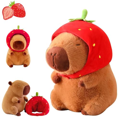 Capybara Kuscheltier, Erdbeere Capybara Kuscheltier, Capybara Plüschtier mit Erdbeerkopfbedeckung, Simulation Capybara Plüschtier, Niedliche Capybara Kuscheltier, Capybara-Stofftier, für Kinder von HBSFBH