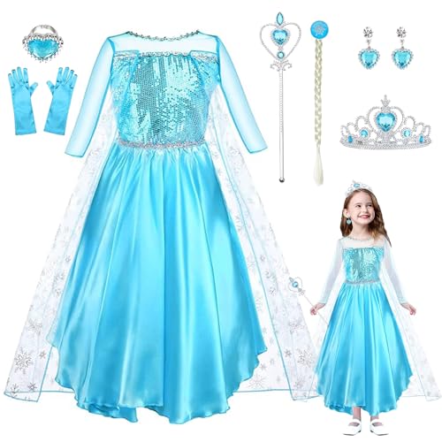 Elsa Prinzessin Kleid für Kinder, 9-teiliges Set Eiskönigin Prinzessin Kleid mit Krone Diadem Handschuhe Zauberstab, Mädchen Prinzessin Kleid Kostüme für Verkleidung Karneval Geburtstag Party (120) von HBSFBH