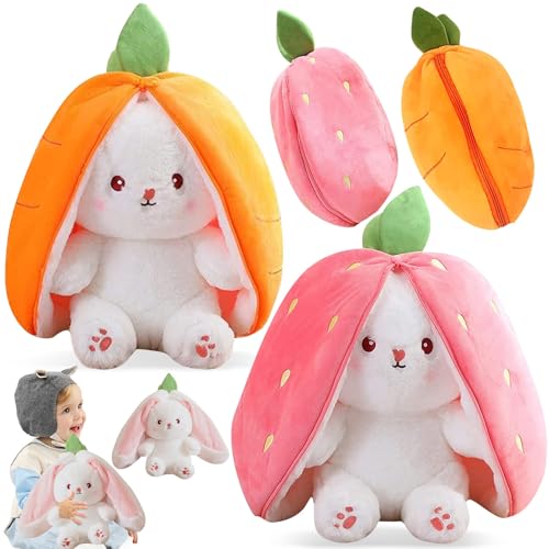 Gefülltes Kaninchen mit Karotten und Erdbeeren, 2 Stück Hasen Kuscheltier Verstecken, Plush Hasen Karotten, Hasen verstecken plüsch, Hasenpuppe, Kuscheltier Osterhase Puppe Geschenk für Kinder von HBSFBH