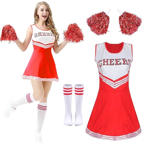 HBSFBH Cheerleader Kostüm Damen, Cheerleader Outfit Rot Cheerleader Kostüm mit Cheerleader Pompons und Socken, Cheerleader Kleid Outfit, Cheerleading Kostüm, Rotes Cheerleader Outfit Fastnacht (M) von HBSFBH