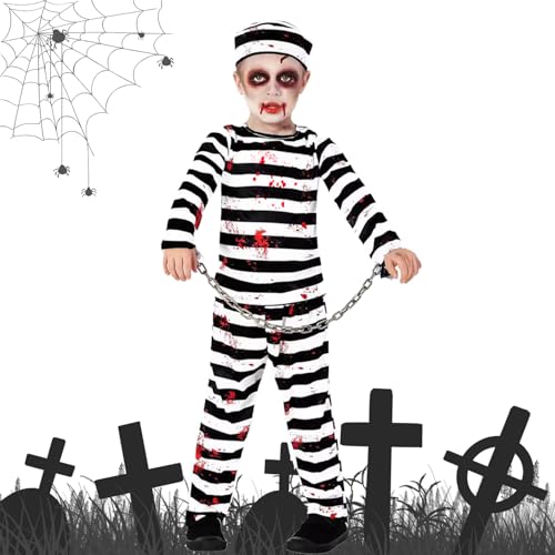 HBSFBH Halloween Zombie Sträfling Kostüm, Zombie Kostüm für Jungen, Halloween Kostüm Gefangener, Halloween Kinderkostüm Häftling, Halloween Sträflingskostüm Jungen, Halloween Jail Dress Up Party von HBSFBH