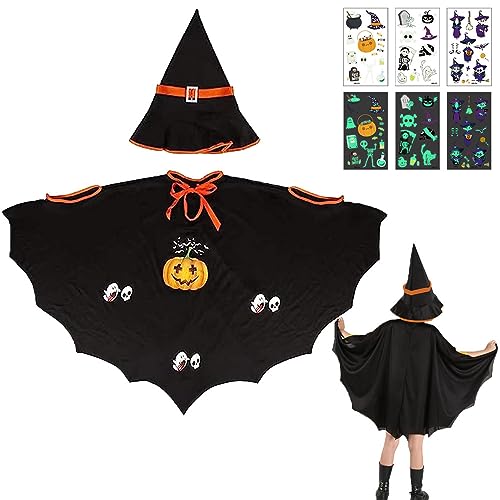 HBSFBH Halloween Fledermaus Umhang Kostüm, Kinder Fledermaus Cape, Fledermaus Umhang mit Hut, KostüMe Kürbis Umhang, für Halloween Party Cosplay Kostüm, Geeignet für Höhe 90-150cm (schwarz) von HBSFBH