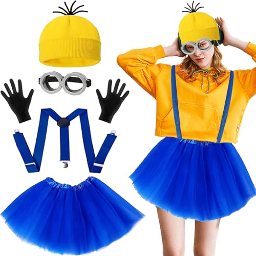 Minion Karneval Kostüm, 5 Stück Minion Kostüm Zubehör, Minion Kostüm Cosplay, Minion Brille, Gelbe Beanie Hüte, Schwarze Handschuhe, Hosenträger, Tutu-Rock, für Halloween Karneval Cosplay Party von HBSFBH