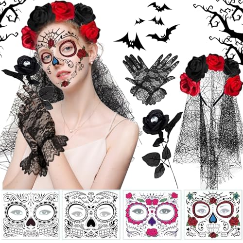 Tag Der Toten Haarreif, Tag der Toten Schleier, Halloween Tag der Toten Haarreif, Halloween Schleier Stirnband, Halloween Temporäre Gesicht Tattoos, Schleier Halloween Gesicht Tattoos, für Cosplay von HBSFBH