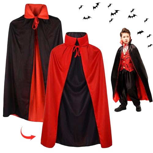 HBSFBH Vampir Umhang Kinder, Vampir Kostüm Kinder, Vampir Umhang Stehkragen, Halloween Kostüm Vampir, Kostüm Vampir Umhang, Kapuzenumhang Schwarz Rot Doppelseitig, für Halloween Party, Dress Up(80cm) von HBSFBH