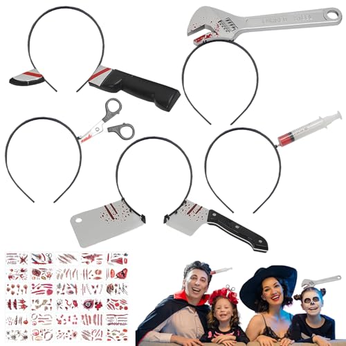 Halloween Grusel Haarreif Set,35TLG Horror Haarreif Set,Axt Haarreif mit Blut Halloween,Spritze im Kopf Haarreifen Blutig,mit 30pcs Halloween Zombie Scars Tattoo,für Halloween Prank Zombie Kostüm von HBSFBH